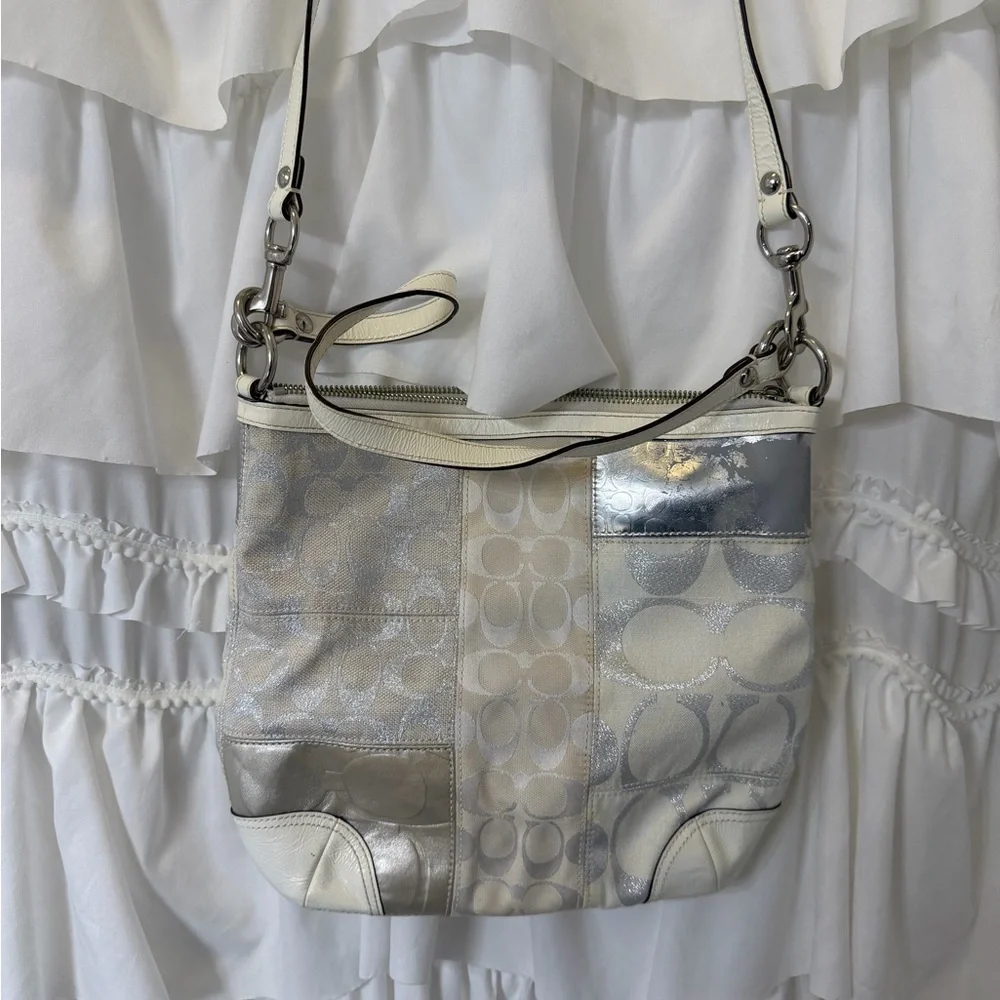 Coach White and Silver Patchwork Shoulder Bag - Picture 3 of 10